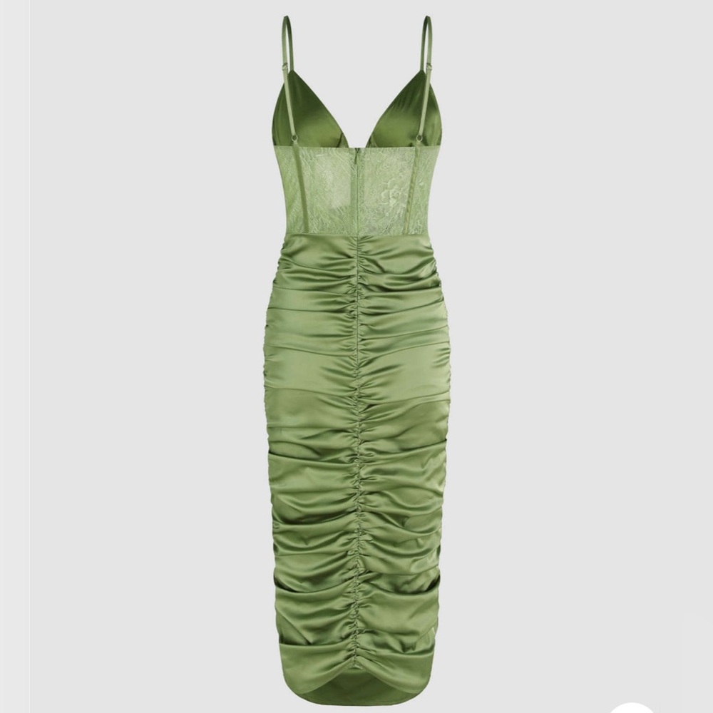 NWT Cider Lace Ruched Midi Green Dress - Picture 2 of 5